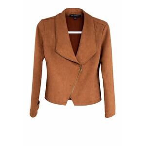 Blu Pepper Faux Suede Moto Jacket Wns Medium Camel Asym Zip Drape Collar Stretch